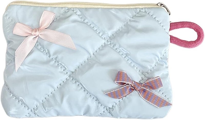 Light Blue Bowknot Decorated Portable Travel Makeup Bag Multipurpose Cosmetic Organizer - Image 1